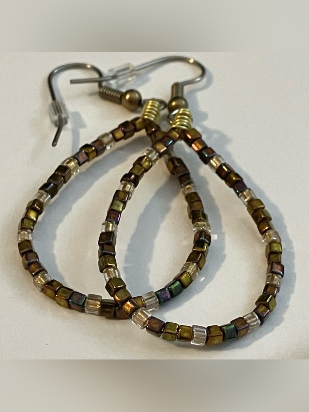 Handmade Miyuki Metallic Gold Iris Crystal Glass Beaded Teardrop Hoop Earrings